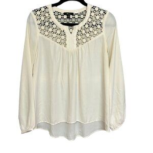 Monteau Cream Crochet Lace Illusion Neckline Blouse Size M Soft Feminine